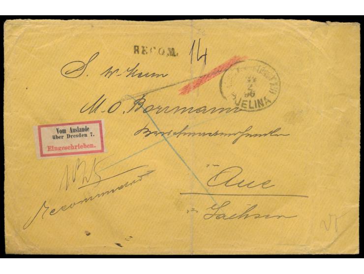 Steindruck 4 x 2 Kr. gelb und 4 x 3 Kr. grün (eine Marke beschädigt) in waagerechten Paaren rückseitig auf  Einschreibbrief  