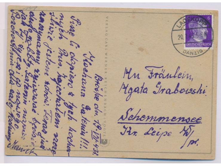 aptierter Stempel  Ladekopp ... Danzig  20.7.43 auf Ansichtskarte "Jäger ME 109 ..." mit 6 Pf. Hitler nach Schemmensee, Bedar