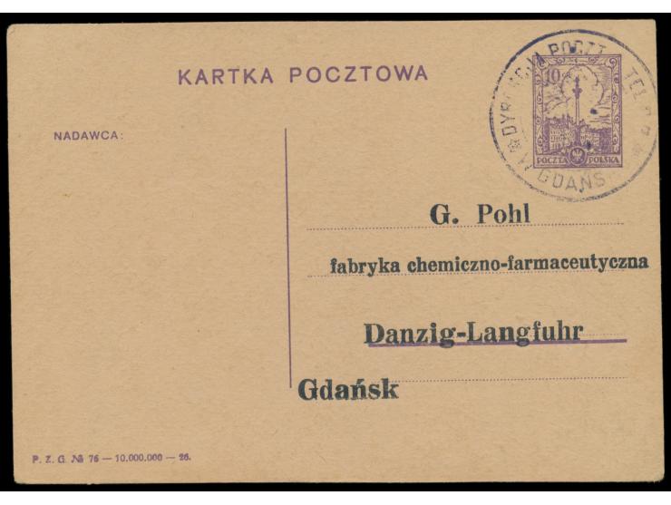 Polnische Post,  Polen-Ganzsache 10 Gr. (1926) mit Adresszudruck "G. Pohl ... Danzig-Langfuhr / Gdansk", entwertet mit Dienst