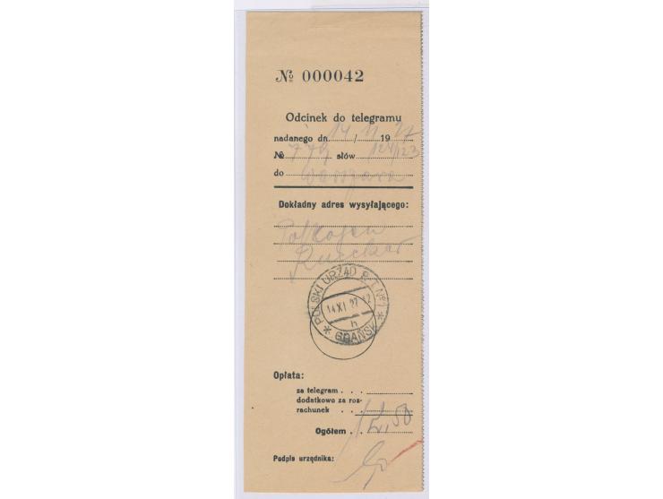 Polnische Post: Telegramm-Aufgabeschein  mit Stempel Polski Urzad P. T. No. 1 Gdansk h 14.11.27
Stichwort: Telegramme
