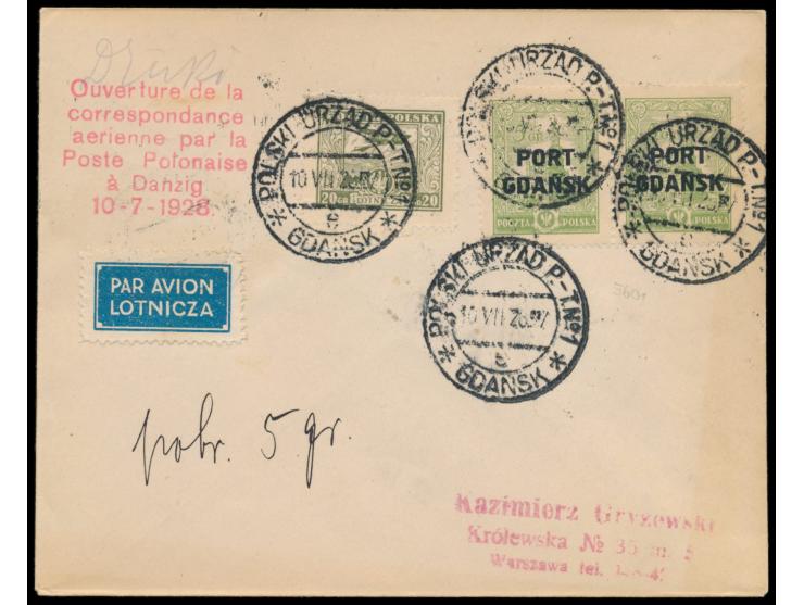 Polnische Post,  Mischfrankatur 2 x 5 Gr. mit Polen-Flugpost 20 Gr. auf Luftpost-Drucksache nach Warschau, Stempel Gdansk e 1