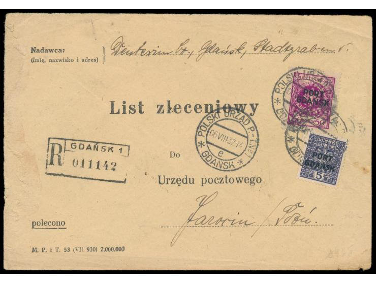 Polnische Post: &nbsp;50 Gr. (1925) mit 5 Gr. (1929) auf &nbsp;R-Postauftrag &nbsp;mit Stempel &nbsp;Gdansk e &nbsp;6.8.32 na