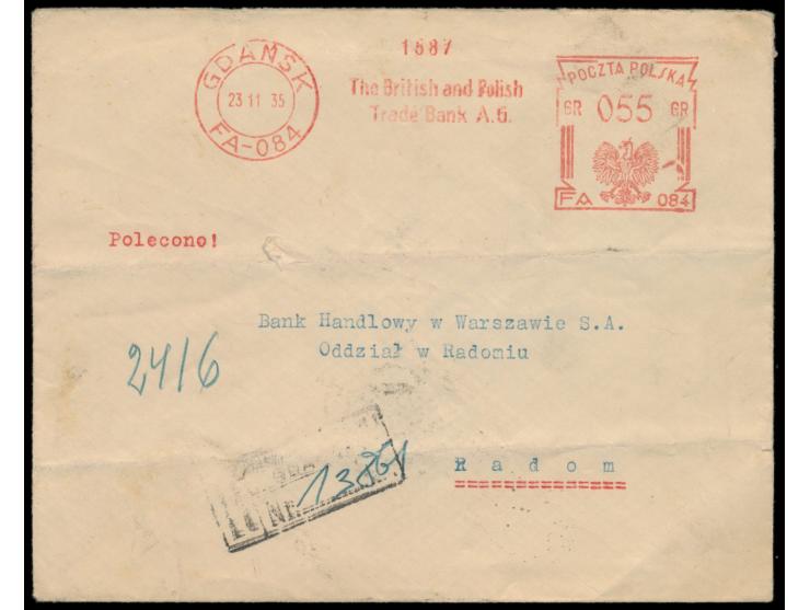 Polnische Post: Absenderfreistempel Gdansk FA-084 23.11.35 " The British and Polish Trade Bank A.G." , Wertangabe 055 Gr., Ei