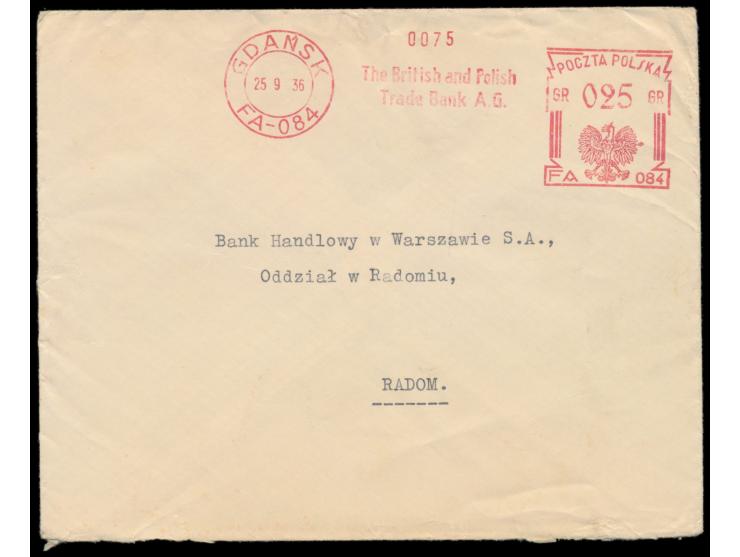 Polnische Post: Absenderfreistempel Gdansk FA-084 25.9.36 " The British and Polish Trade Bank A.G." , Wertangabe 025 Gr., Bri