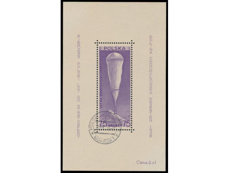 Polnische Post,  Blockausgabe  Geplanter 1. Polnischer Stratosphärenflug  mit sauberem Stempel  ... Gdansk 1  15.9.38, selten