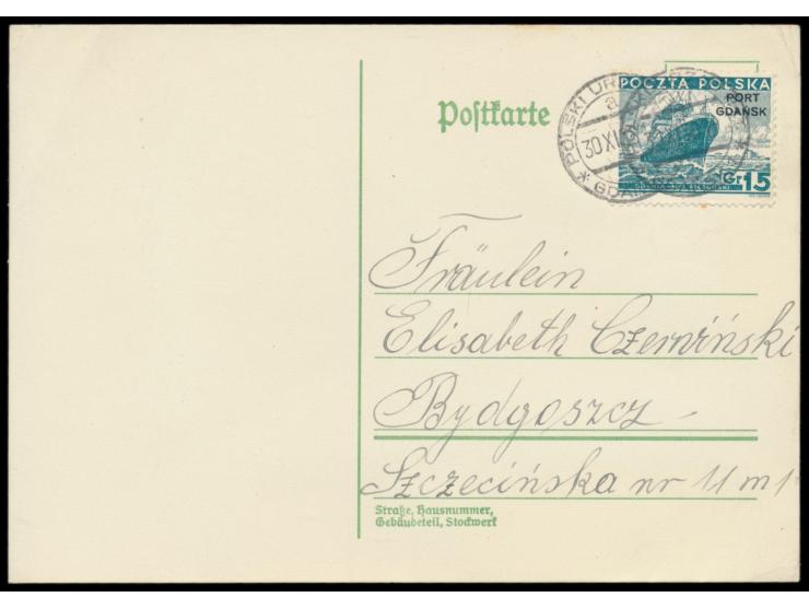 Polnische Post,  Einzelfrankatur 15 Gr (eine Zahnspitze mit kleinem Stockpunkt) auf Postkarte mit Stempel Gdansk 1 30.11.38 n