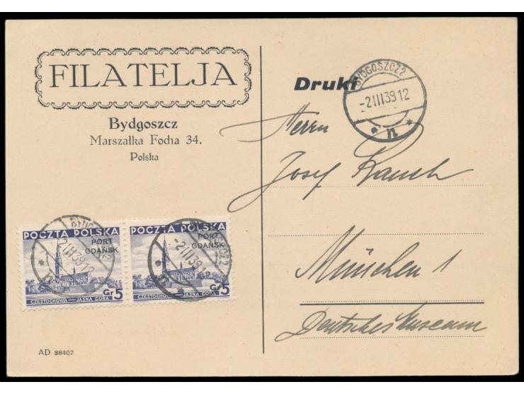 Polnische Post,  2 x 5 Gr. auf Drucksachenkarte mit Stempel  Bydgoszcz  2.3.39 nach München
Stichwort: Polen
