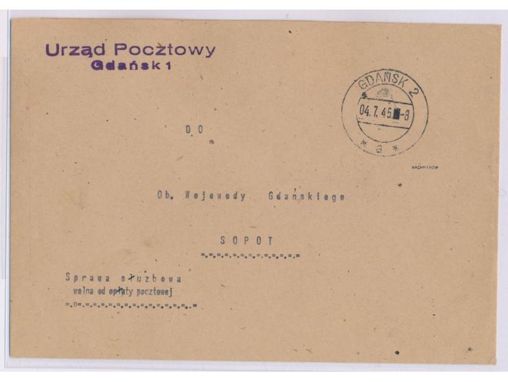 Polnische Post,  Brief mit Stempel  Gdansk 2  4.7.45 als portofreie Postsache nach Sopot, Absenderstempel "Urzad Pocztowy / G