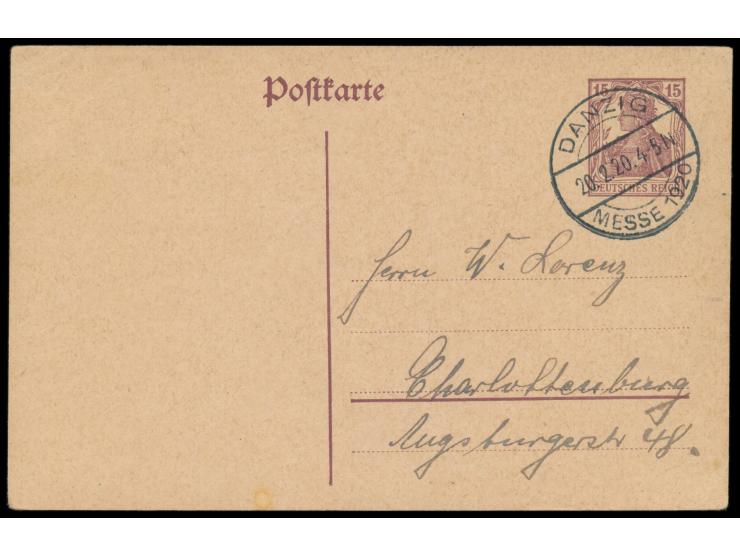Stempel  Danzig Messe 1920  20.2.20 auf Vorläufer-Ganzsache 15 Pf. nach Berlin-Charlottenburg, Bedarf
Stichwort: Deutsches Re