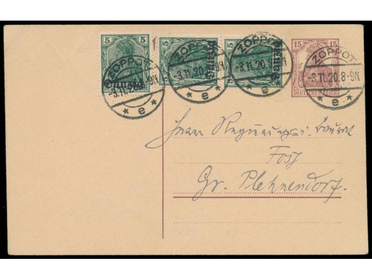 Mitläufer-Ganzsache  15 Pf. mit Zusatzfrankatur Aufdruckausgabe 3 x 5 Pf., Stempel  Zoppot e  3.11.20, nach Groß Plehnendorf,
