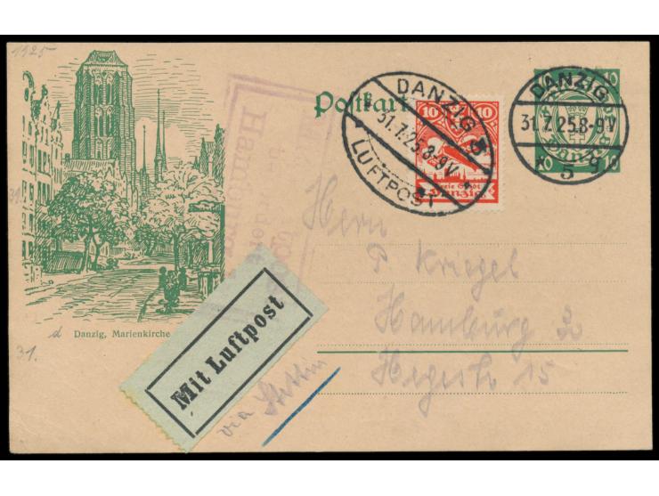 Bildganzsache  10 Pf. mit  Bild Marienkirche,  Zusatzfranktur 10 Pf. Flugpost, als  Luftpostkarte  nach Hamburg, Stempel Danz