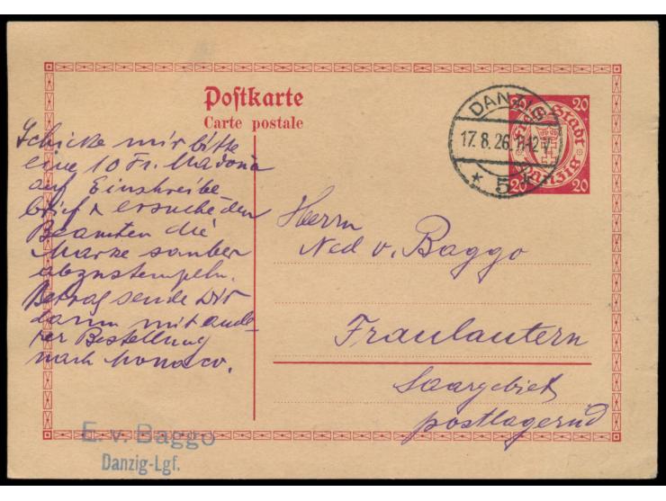 Auslandsganzsache 20 Pf.  mit Stempel Danzig 5 17.8.26 nach Traulautern / Saargebiet, Auslandstarif seit 1.4.1920, portoricht