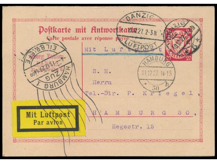 Auslandsganzsachen-Doppelkarte  20 Pf. mit  Luftpost  nach Hamburg, Stempel Danzig 5 und Danzig 5 Luftpost 10.12.27, Ankunfts