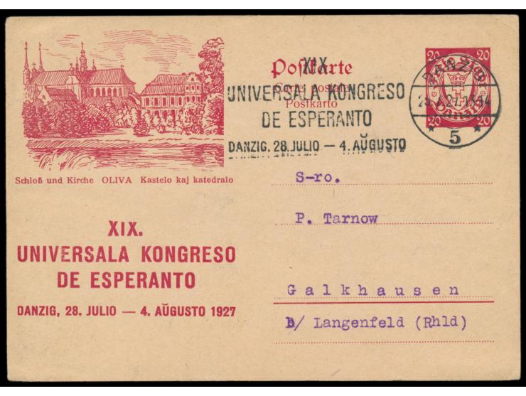 Esperanto-Bildganzsache  20 Pf. mit Bild  "Oliva - Schloß und Kirche" , Sonderstempel Danzig 5 25.7.27 "XIX. Universala Kongr