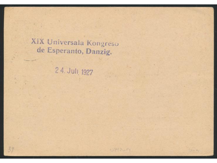 Esperanto-Bildganzsache  20 Pf. mit Bild  "Oliva - Schloß und Kirche" , Sonderstempel Danzig 5 25.7.27 "XIX. Universala Kongr