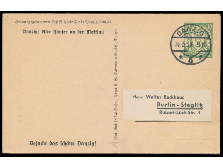 WHW-Lotterie-Ganzsache  10 Pf. im Dreierstreifen, Bild Danzig: Alte Häuser ... mit Wertstempel, Danzig: St. Marien ... und Dr