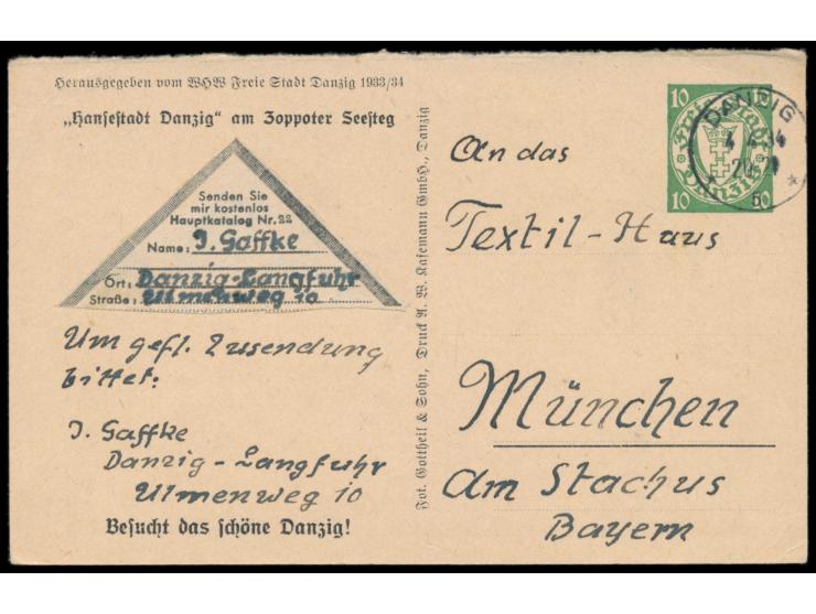Lotterie-Ganzsache  10 Pf. mit Bild "Hansestadt Danzig am Zoppoter Seesteg", Maschinenstempel Danzig 5 4.4.34, nach München, 