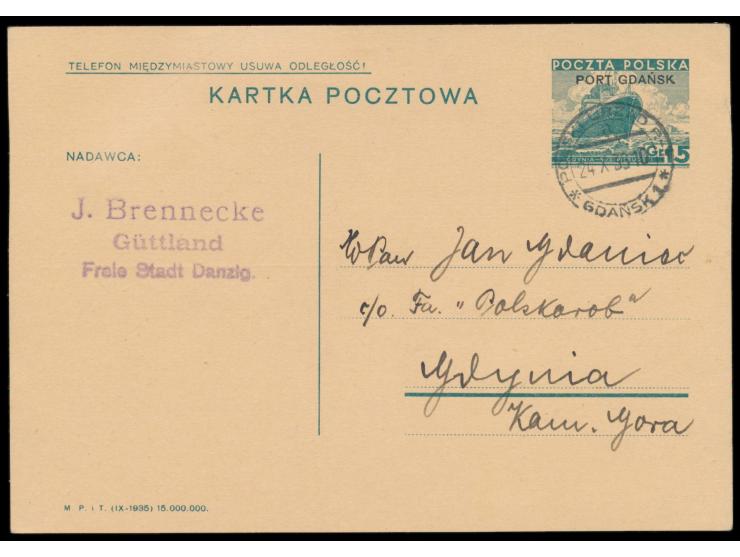 Polnische Post,  Ganzsache 15 Gr. (Werbetext "Telefon Miedzymiastowy ...", Stempel  Gdansk 1  24.10.36, nach Gdynia, Bedarf
