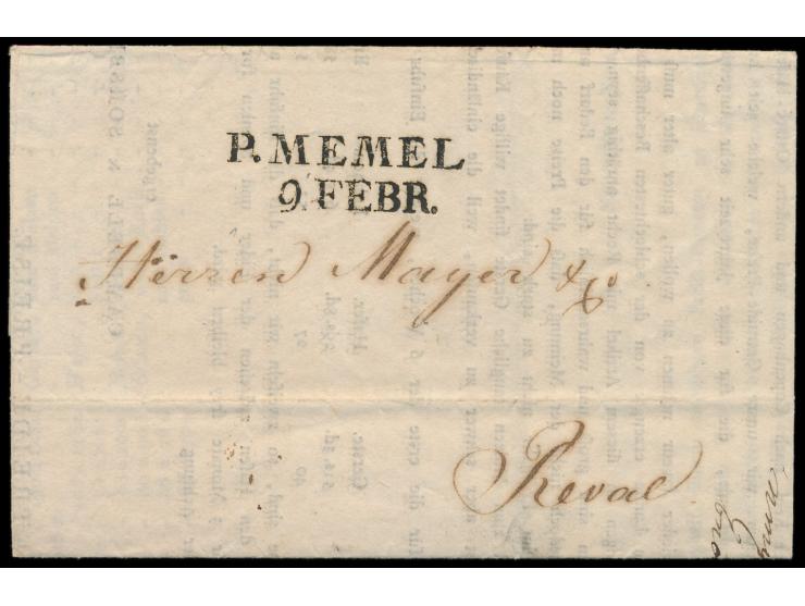 L2 &nbsp;P. Memel / 9 Febr. &nbsp;auf Faltbrief nach Reval, mit gedrucktem Inhalt &nbsp;aus Newcastle &nbsp;vom 14. Januar 18