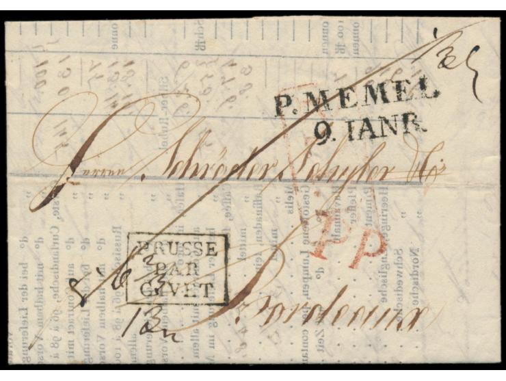 L2  P. Memel / 9. Ianr.  auf Faltbrief mit komplettem Inhalt  aus Riga  vom 5.1.1819 nach Bordeaux, roter L1 PP und R1 PPPP, 