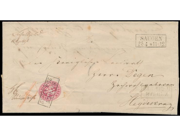 Preußen  1 Sgr (kleiner Stockpunkt) mit seltenem R2  Saugen  25.4. (Feuser 150 P.) auf gewendeter Faltbriefhülle an den König