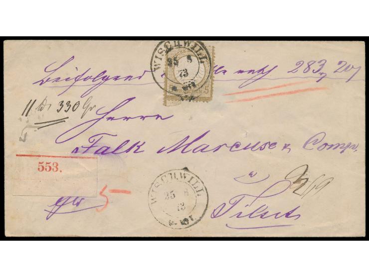 Dt. Reich 5 Gr "kleiner Schild"  (rechts unten kleiner Eckfehler) als Einzelfrankatur auf Wertbrief nach Tilsit, seltener Pre