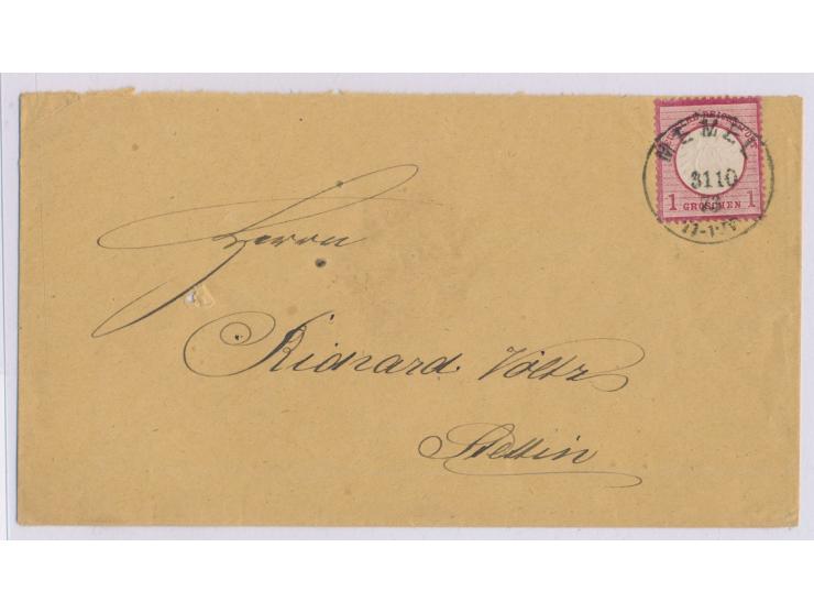 Stempel  Memel  31.10.73 (aptierter F.-Stempel) auf Brief mit 1 Gr. nach Stettin, Ankunftstempel 1.11.
