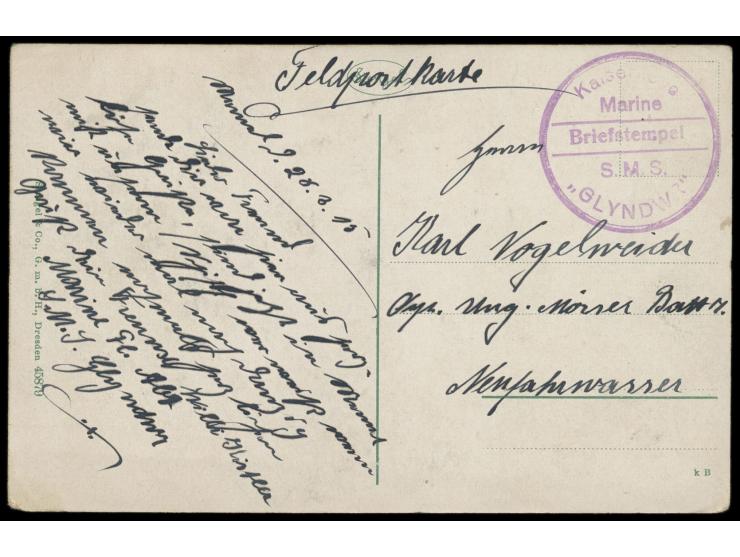 Briefstempel des  Flugzeugmutterschiffs S.M.S. Glyndwr  als alleiniger Aufgabestempel auf Feldpostkarte (Ansicht Schwarzort) 