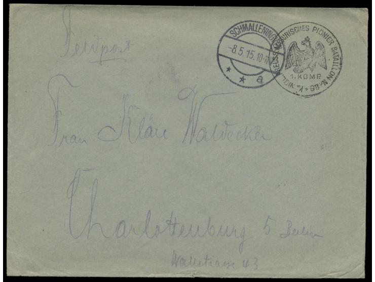 Stempel  Schmalleningken a  8.5.15 und Dienstsiegel Königl. Preuss. Masurisches Pionier Bataillon Nr. 26 / 1. Komp. auf Feldp