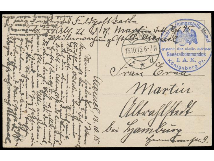Stempel  Memel d  13.10.15 und seltener Briefstempel  Ueberwachungsstelle Memel des stellv. Generalkommandos I. A. K, Königsb