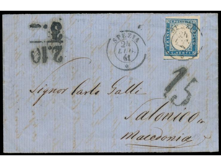 Sardinien   20 C. (links Markenbild angeschnitten) auf Faltbriefhülle (Ober- und Unterklappe fehlend) mit Stempel  Spezia  24