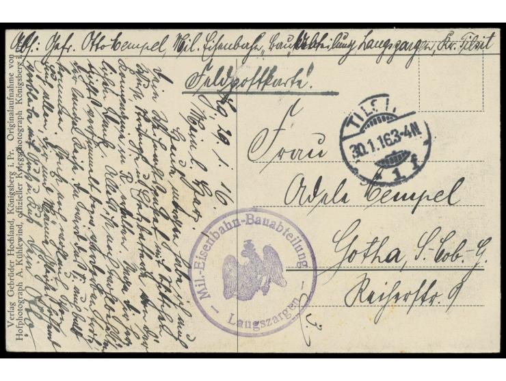Feldpostkarte (Ansichtskarte Goldap am Markt - Nach der Russenvertreibung aus Ostpreußen 1915) mit Stempel  Tilsit 1  30.1.16
