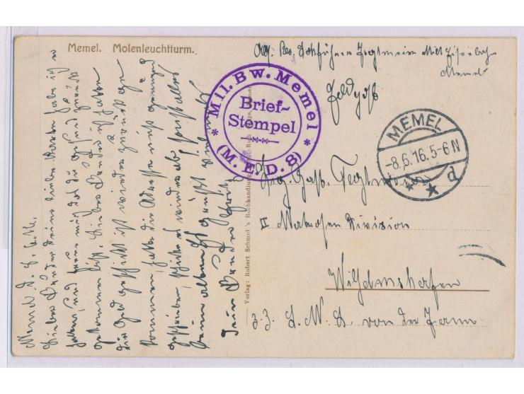 Stempel  Memel d  8.6.16 und Briefstempel  Mil. Bw. Memel (M.E.D.8)  auf Feldpostkarte (Ansicht Molenleuchtturm) an S.M.S. v.