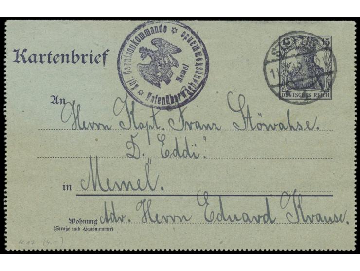 Ganzsachen-Kartenbrief 15 Pf. mit Stempel  Stettin 1  11.3.18 an den Kapitän des  Dampfers Eddi  in Memel, seltener viol. Zen