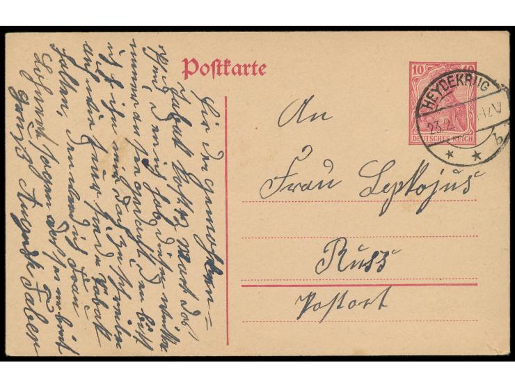 Vorläufer-Ganzsache &nbsp;Dt. Reich 10 Pf. mit Stempel &nbsp;Heydekrug &nbsp;23.2.20 nach Russ, unterfrankiert (Porto 15 Pf.)