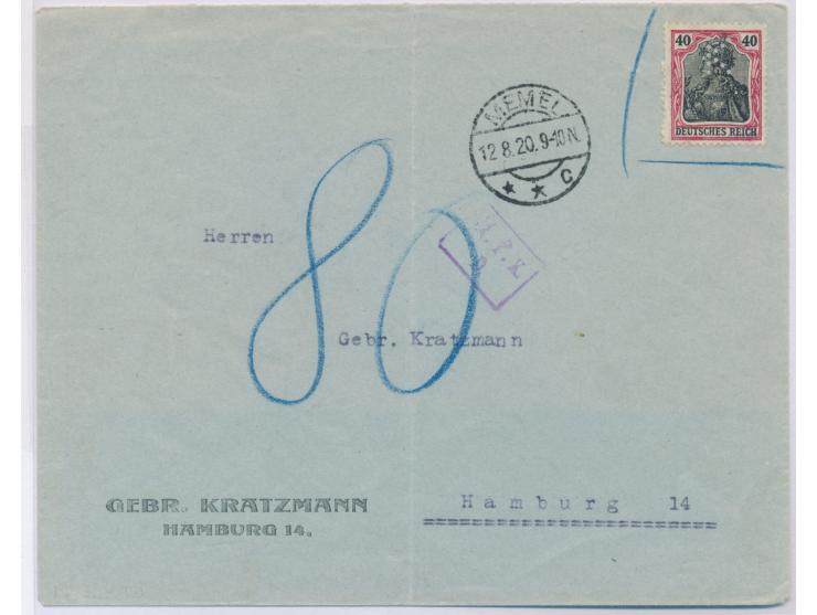 mit 40 Pf. Germania (Firmenlochung "K") vorausfrankierter Rückumschlag (senkrechter Mittelbug) nach Hamburg, Frankatur nicht 