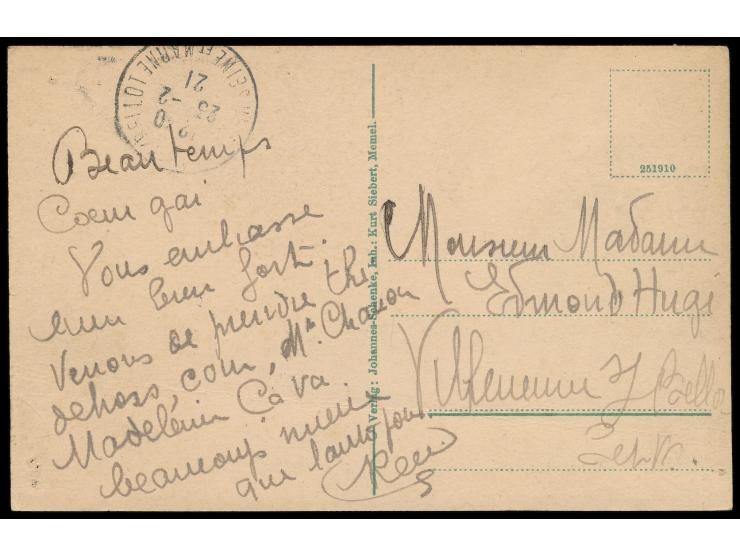 Ansichtskarte Ostseebad Sandkrug - Memel nach Frankreich, geschrieben von einem Angehörigen der französischen Besatzungstrupp