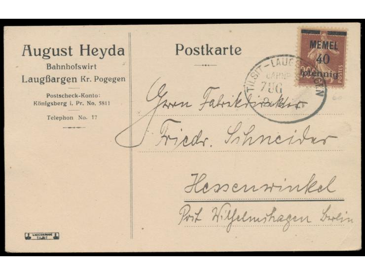 Bahnpoststempel &nbsp;Tilsit - Laugszargen &nbsp;ohne Zug-Nr. 24.8.21 auf Postkarte mit vorderseitigem Absendereindruck &quot