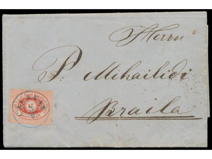 D.D.S.G. &nbsp;17 Kr. rot (Zähnung unten kurz) auf Faltbrief mit blauem Stempel &nbsp;Calafat &nbsp;3.5.(1867) nach Braila, m