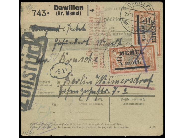 2 x 4 m auf 2 Fr. auf  Paketkarte  nach Berlin, entwertet   mit Stempel  Dawillen / Memelgebiet  29.11.21 und Kopierstift-Kre