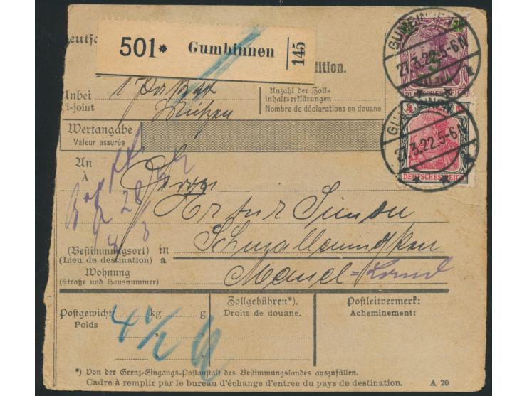 Paketkarte  mit Dt. Reich 4 M. und 5 M. auf 75 Pf. von  Gumbinnen  27.3.22 nach Schmalleningken, Ankunftstempel  Schmallening