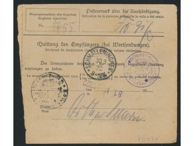 Paketkarte  mit Dt. Reich 4 M. und 5 M. auf 75 Pf. von  Gumbinnen  27.3.22 nach Schmalleningken, Ankunftstempel  Schmallening