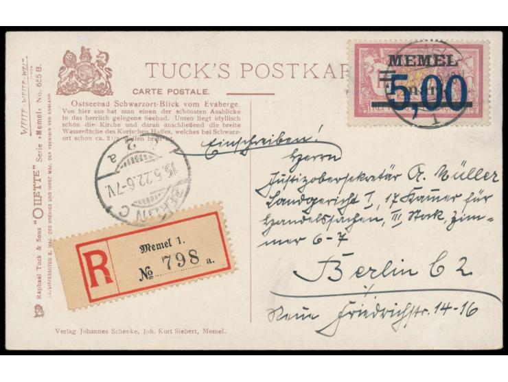 Einzelfrankatur 5,00 M. auf Tuck's Ansichtskarte "Ostseebad Schwarzort, Blick vom Evaberge" als  Einschreiben  nach Berlin, S