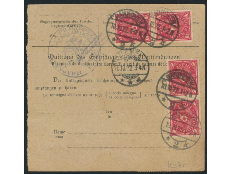 Paketkarte  mit Dt. Reich 8 x 10 M. von Hannover 2 10.10.22 nach Memel, Z2 Zollamtlich geprüft, rückseitig Dienstsiegel Pr. H
