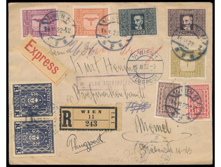 Luftpost-Eilboten-Einschreibbrief  aus Österreich via Prag  nach Memel,  Flugpostmarken und Freimarken beidseitig frankiert, 