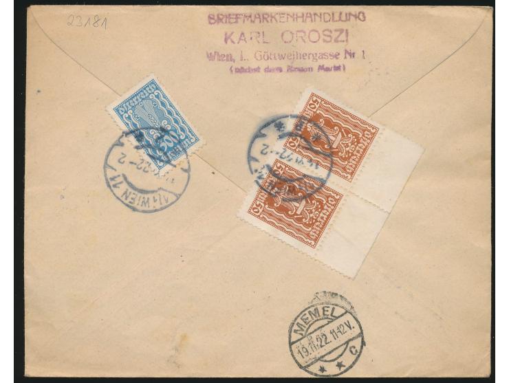 Luftpost-Eilboten-Einschreibbrief  aus Österreich via Prag  nach Memel,  Flugpostmarken und Freimarken beidseitig frankiert, 