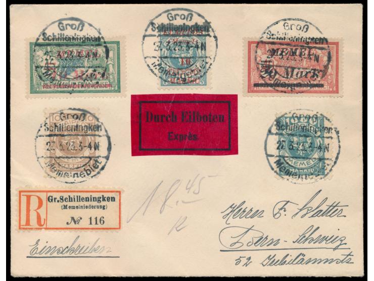 Auslands-Eilboten-Einschreibbrief in die Schweiz, Mischfrankatur 1050 M., seltener Stempel  Groß Schilleningken / Memelgebiet