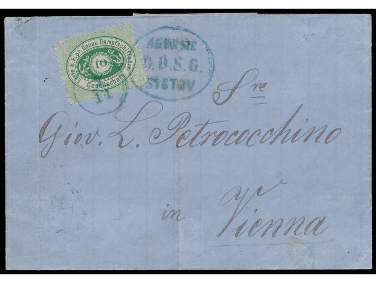 D.D.S.G. &nbsp;10 Kr. grün auf Faltbriefhülle nach Wien, Ovalstempel &nbsp;Agentie D.D.S.G. Sistov &nbsp;und Datum-Stempel 7.