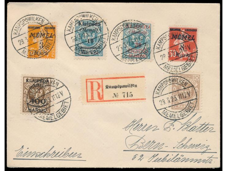 Auslands-Einschreibbrief in die Schweiz, Gesamtfrankatur 451 M., Stempel  Kampspowilken / Memelgebiet  28.3.23, Ankunftstempe