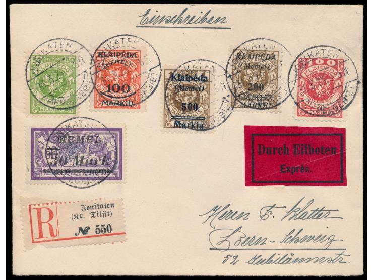 Auslands-Eilboten-Einschreibbrief in die Schweiz, Gesamtfrankatur 980 M., Stempel  Jonikaten / Memelgebiet  31.3.23, Ankunfts